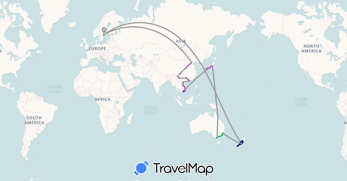 TravelMap itinerary: driving, bus, plane, train, hiking, boat in Australia, China, Hong Kong, Japan, New Zealand, Sweden, Vietnam (Asia, Europe, Oceania)